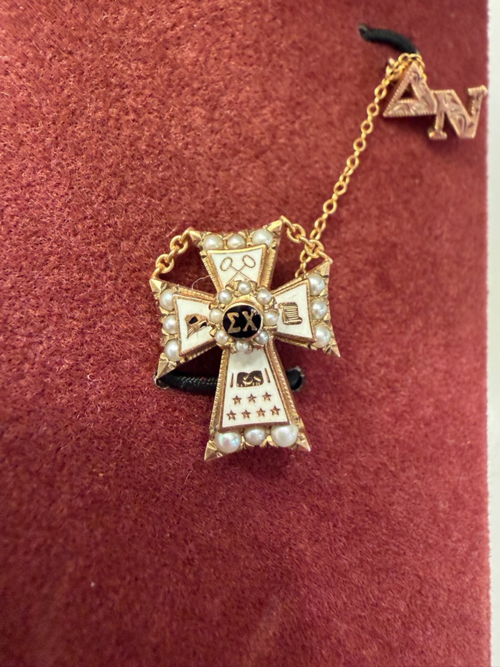 Sigma Chi Gold and White Enamel Cross Pendant with Pearls Vintage 1967 Antique